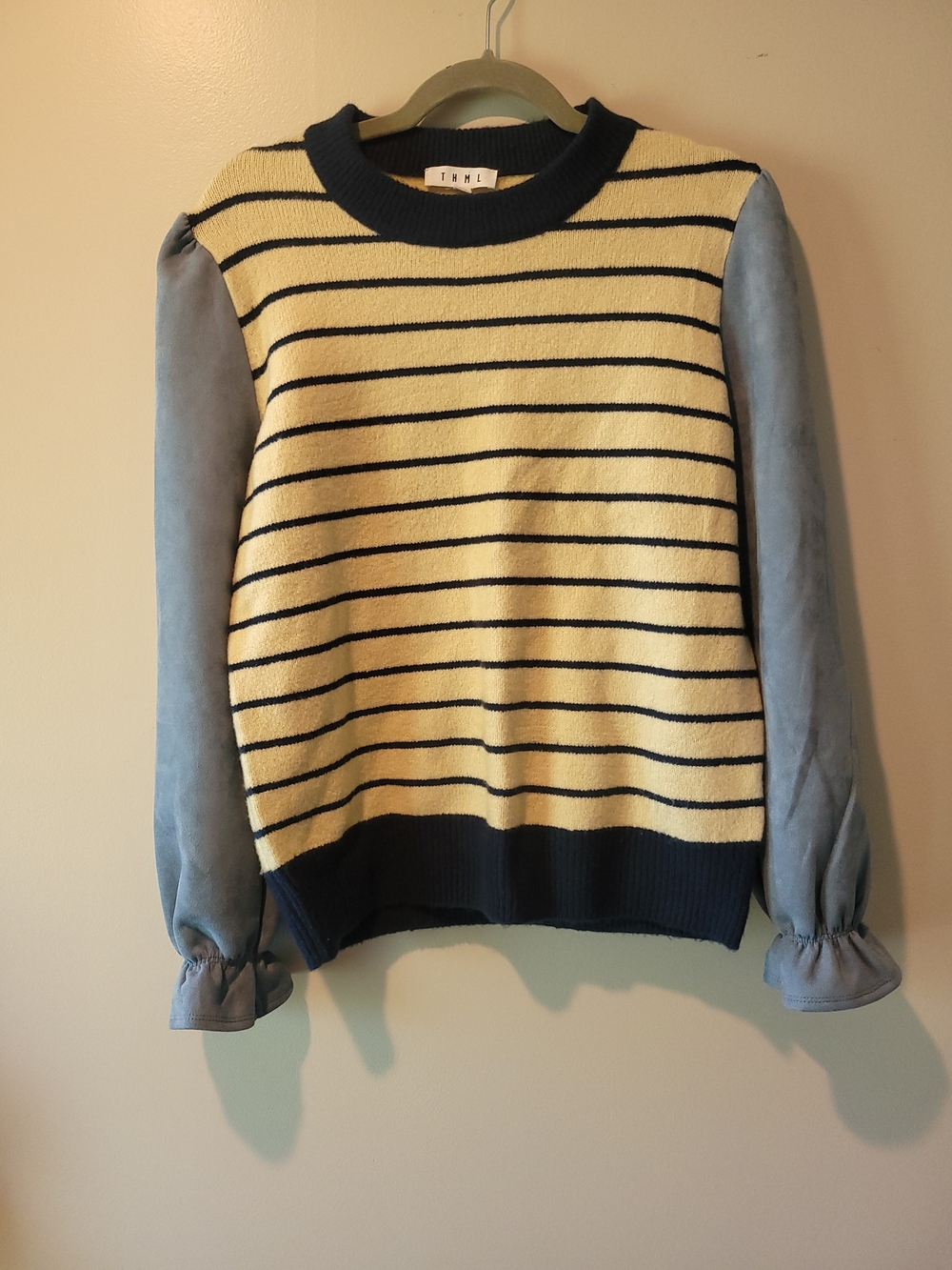 THML Striped Crewneck Sweater with Light Blue Puff Sleeves